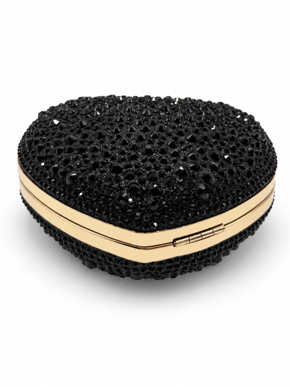 Black Crystal Heart Clutch Purse Gold Handle Formal Evening Bag Womens NEW - Picture 4 of 13